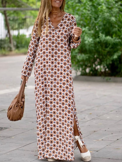 Long Sleeves Geometric Printed V Neck Maxi Dress