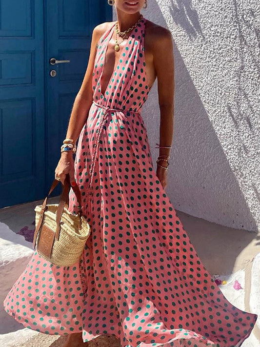 V Neck Polka Dots Printed Holiday Maxi Dress