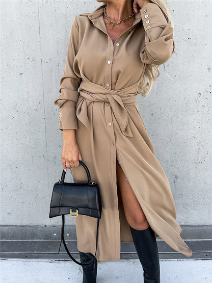 Shirt Collar Long Sleeves Buttoned Maxi Dress