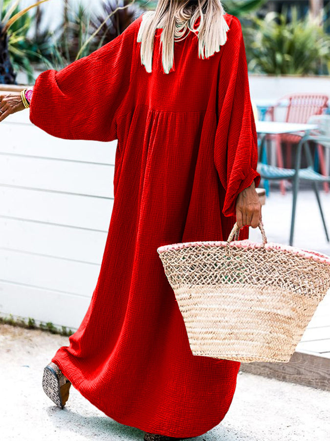 V Neck Long Sleeves Loose Maxi Dress