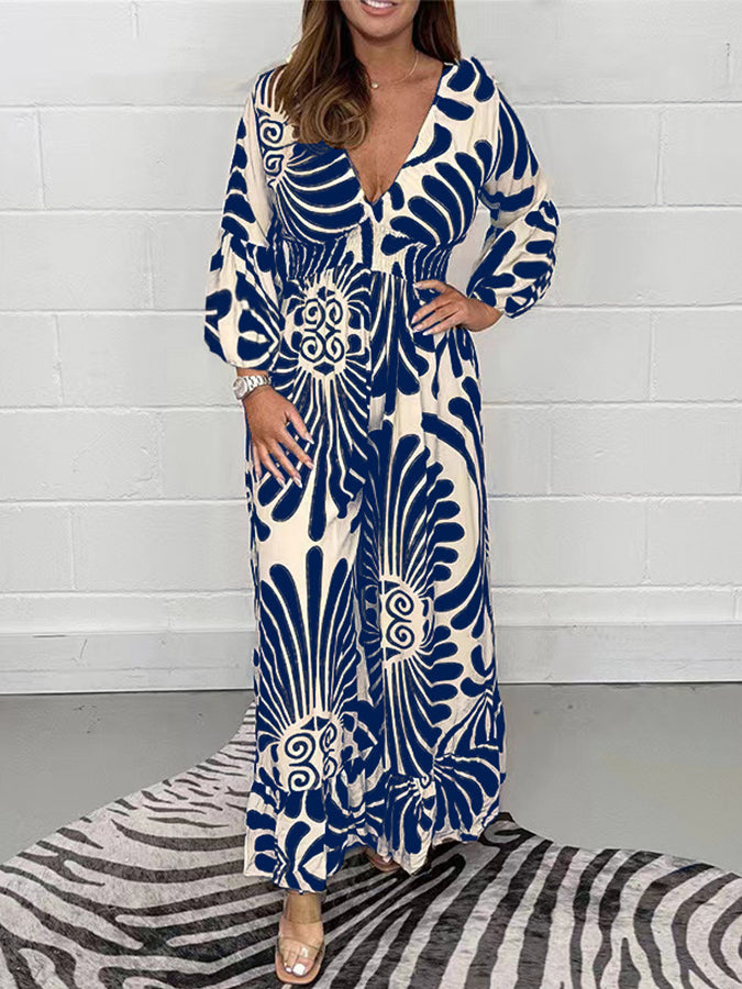 Geometric Printed Long Sleeves V Neck Maxi Dress
