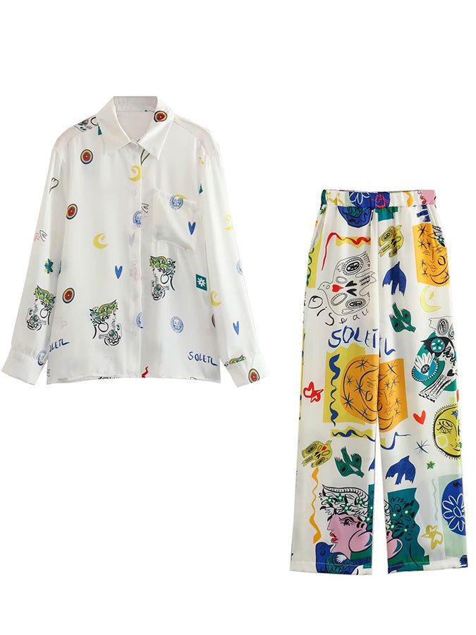 Graphic Printed White Shirt and Pants Set