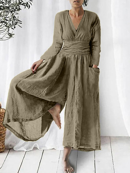 Long Sleeves V Neck Wide -leg Pants Jumpsuits
