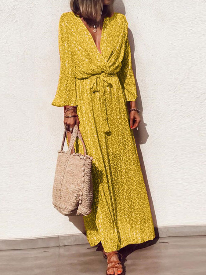 V Neck Long Sleeves Printed Maxi Dress