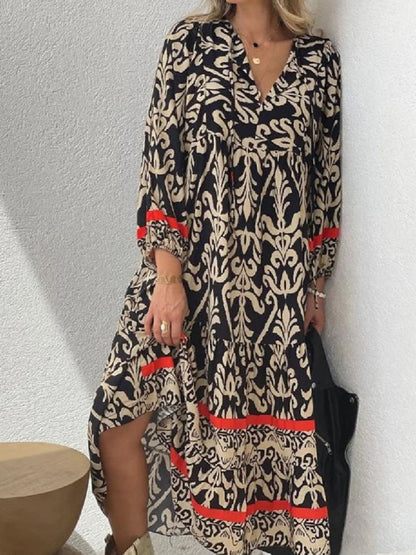 V Neck Long Sleeves Printed Maxi Dress