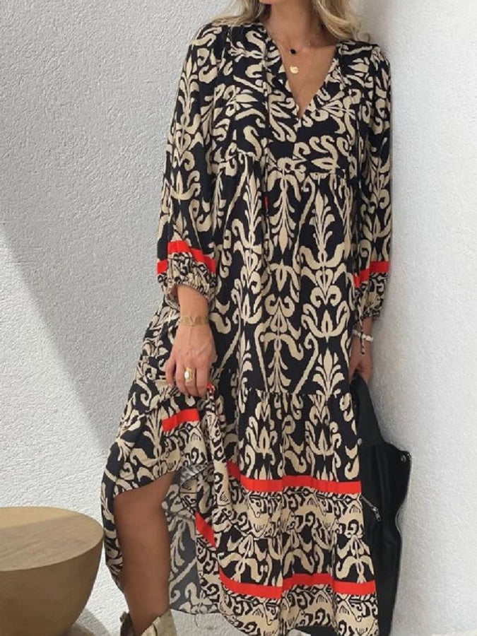 V Neck Long Sleeves Printed Maxi Dress