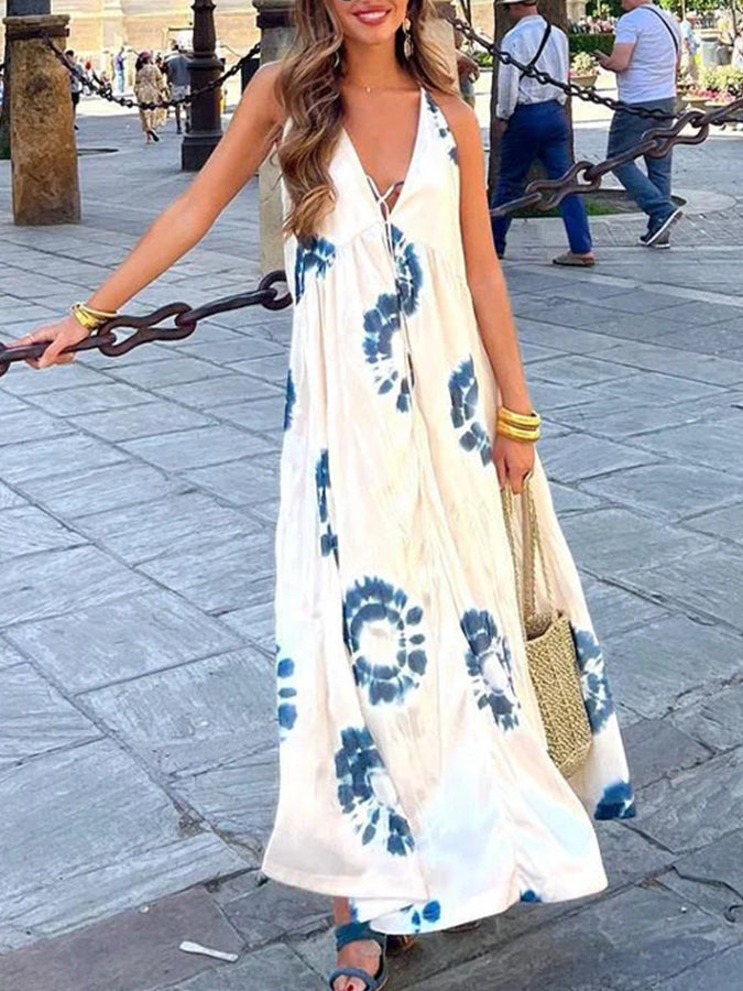 V Neck Backless Printed Maxi Dress