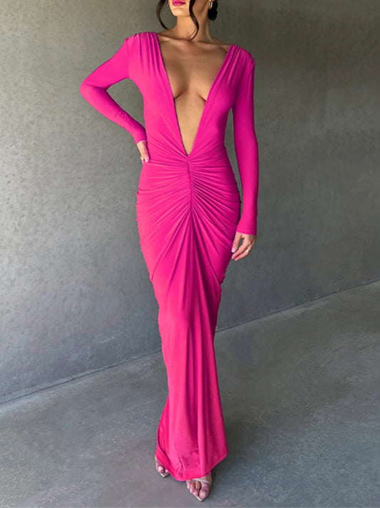 Long Sleeves V Neck Slim Maxi Dress