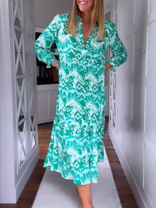 Long Sleeves Shirt Collar Midi Dress