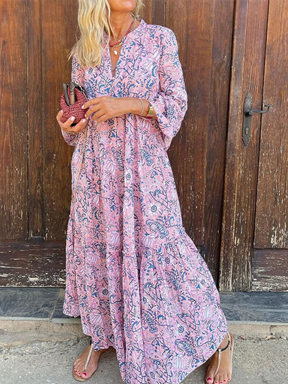 Pink V Neck Long Sleeves Printed Maxi Dress