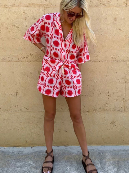 Linen Blend Sun World Printed Shirt and Elastic Waist Pocketed Shorts Set