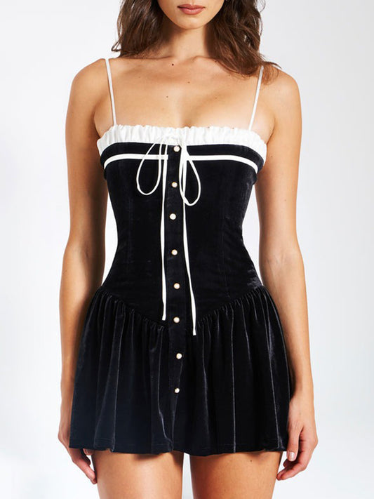 Black and White Velvet a Line Corset Mini Dress