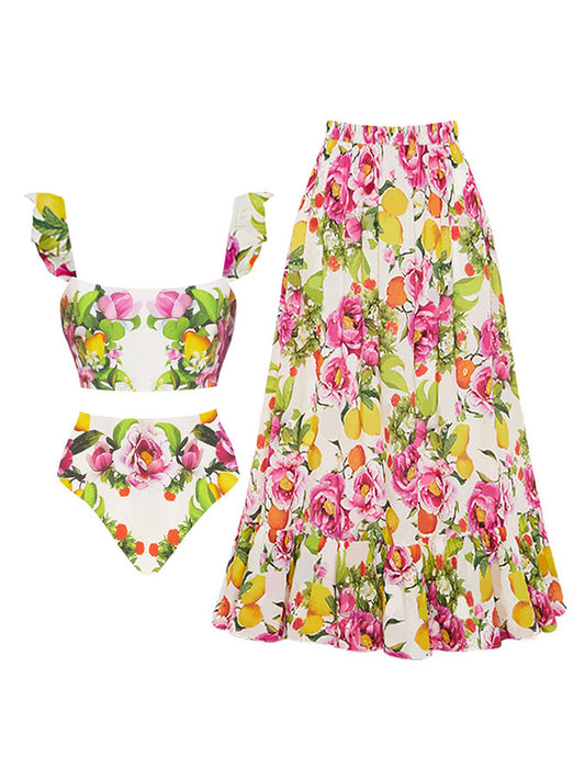 Flower Print Bikini Suit With High Waist Skirt