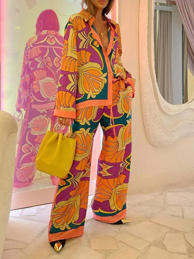 Printed Long Sleeves Blouses and Pants Sets