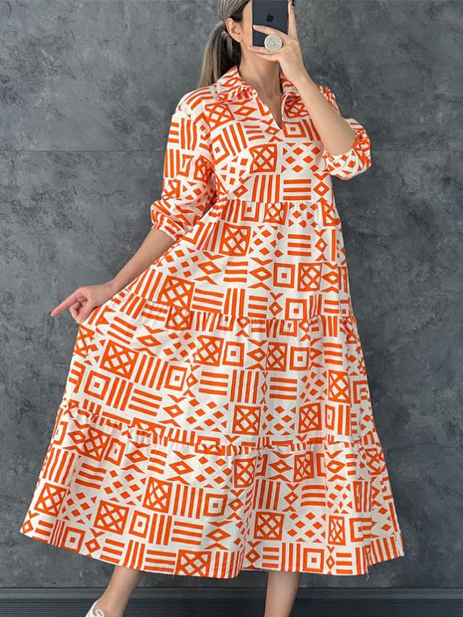 Geometric Printed 3/4 Sleeves Shirt Collar Maxi Dress