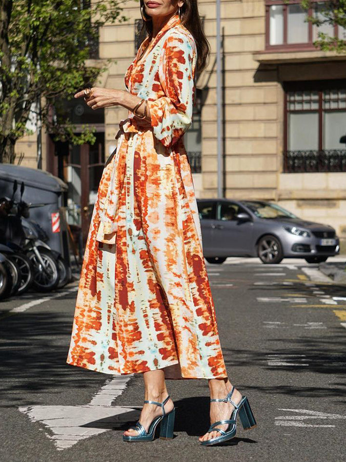 V Neck Long Sleeves Printed Lace-up Maxi Dress