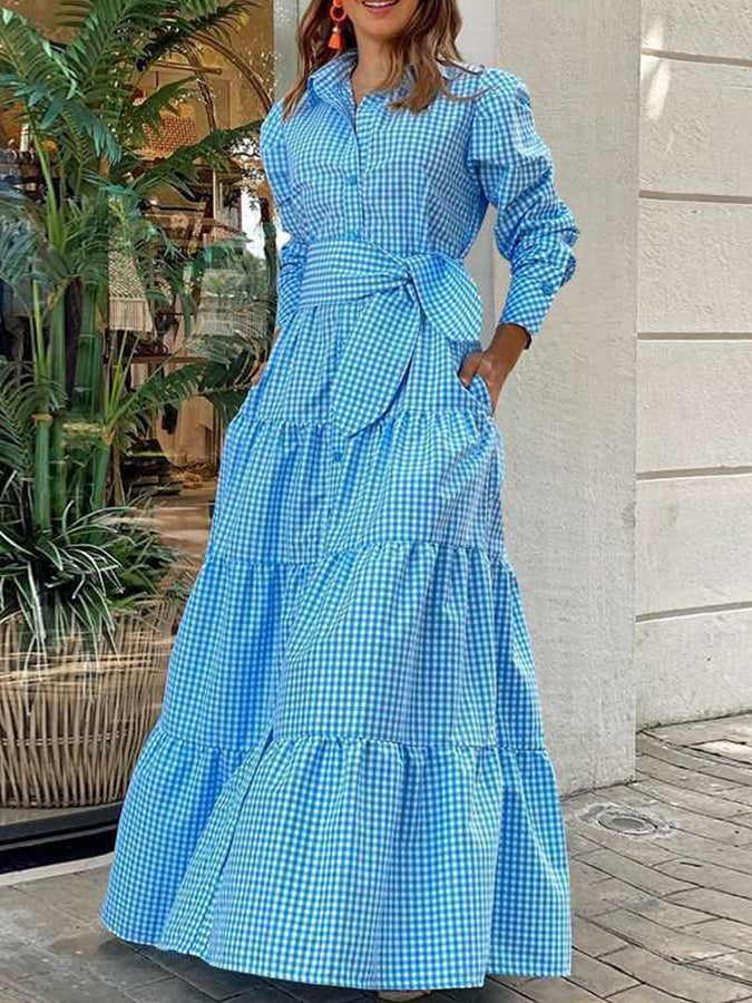 Long Sleeves Plaid Shirt Maxi Dress