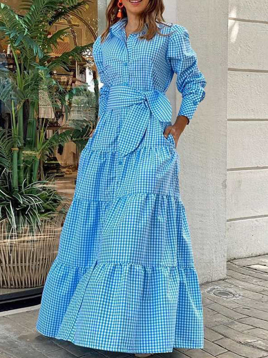 Long Sleeves Plaid Shirt Maxi Dress