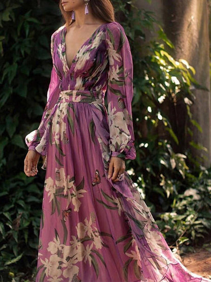 Long Sleeves V Neck Printed Maxi Dress