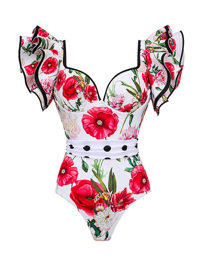 Rose Printed One Piece Swimsuit and Skirt