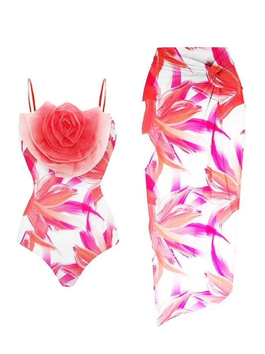 Sling 3d Flower Printed One Piece Swimsuit and Skirt