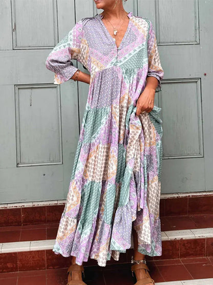 V Neck Long Sleeves Printed Loose Maxi Dress