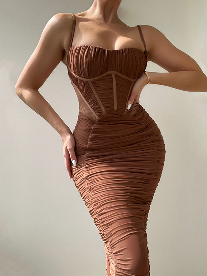 Backless Tight Pleated Maxi Dress