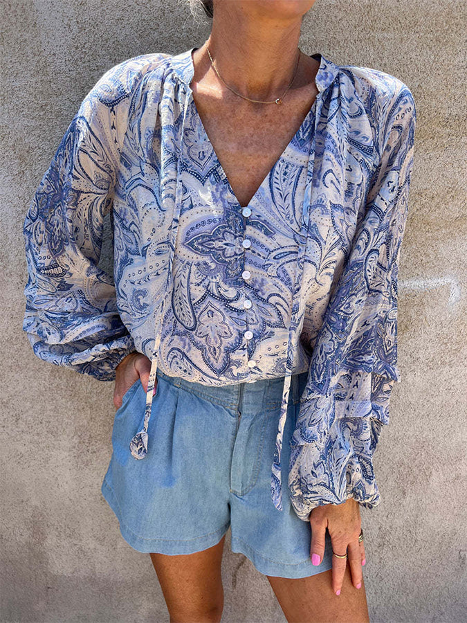 Paisley Pattern Printed Buttoned Long Sleeves Blouses