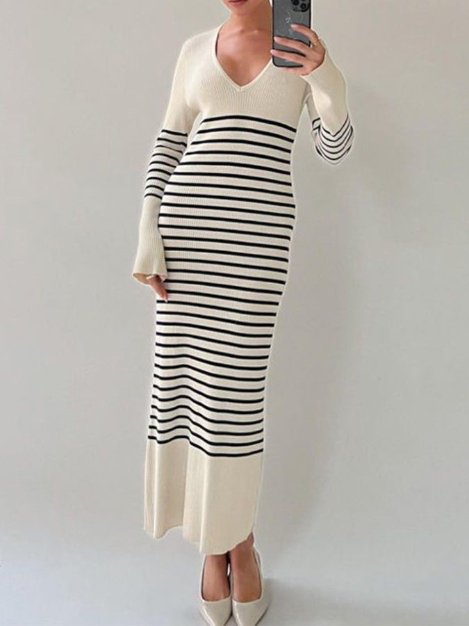 Long Sleeves Stripes Knitted V Neck Maxi Dress