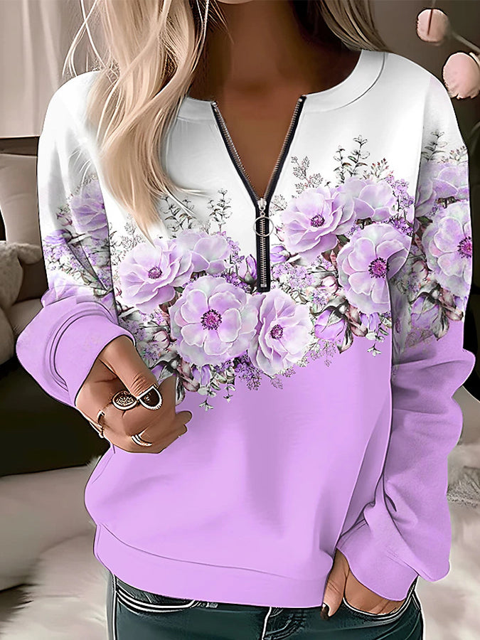V Neck Zipper Long Sleeves Sweatershirt