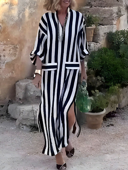 Stripes 3/4 Sleeves Pockets Slit Maxi Dress