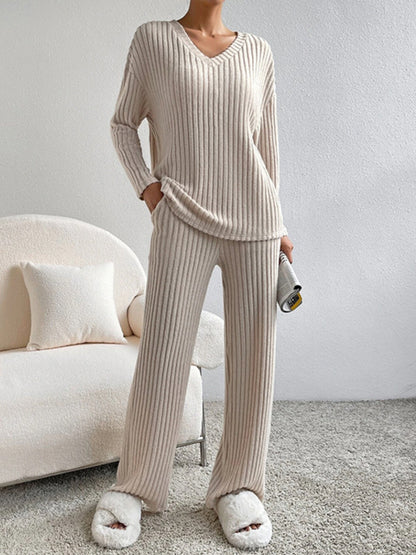 V Neck Long Sleeves Top and Pants Two Pieces Sets