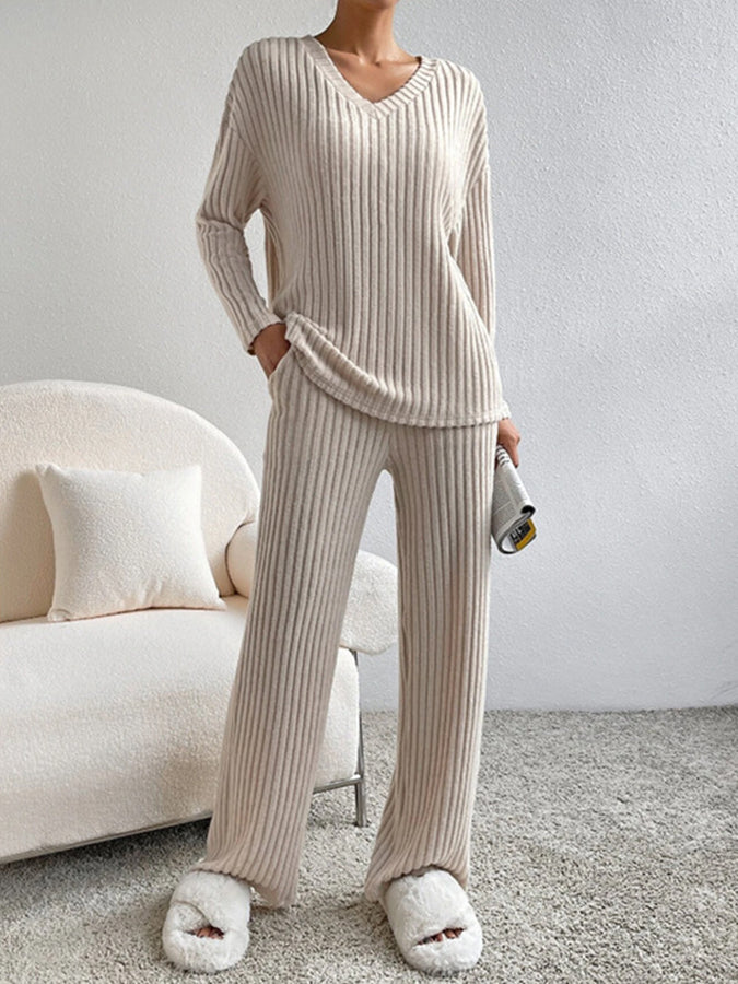 V Neck Long Sleeves Top and Pants Two Pieces Sets