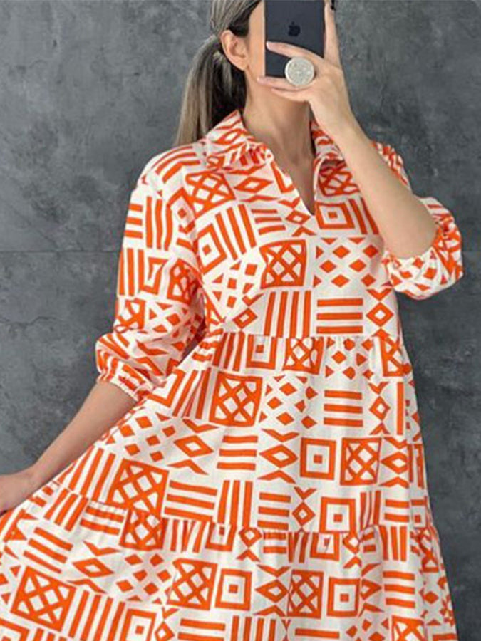 Geometric Printed 3/4 Sleeves Shirt Collar Maxi Dress