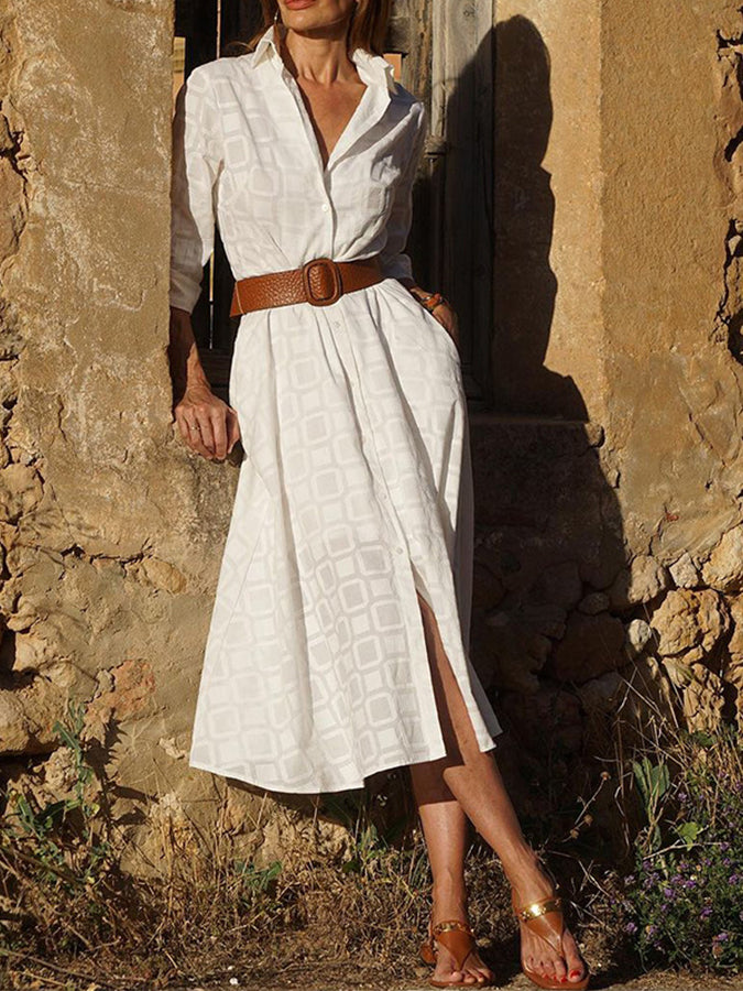 White Long Sleeves Plaid Printed Shirt Collar Maxi Dress