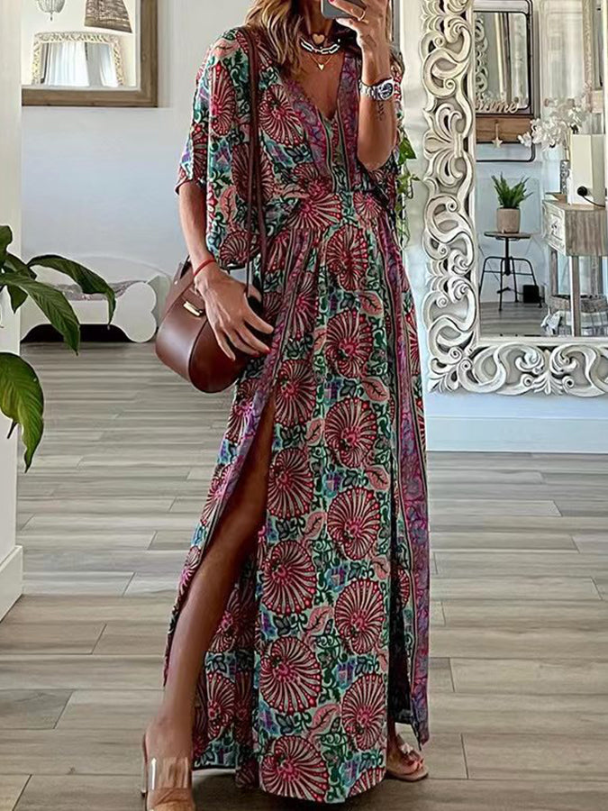 V Neck Loose Printed Slit Maxi Dress