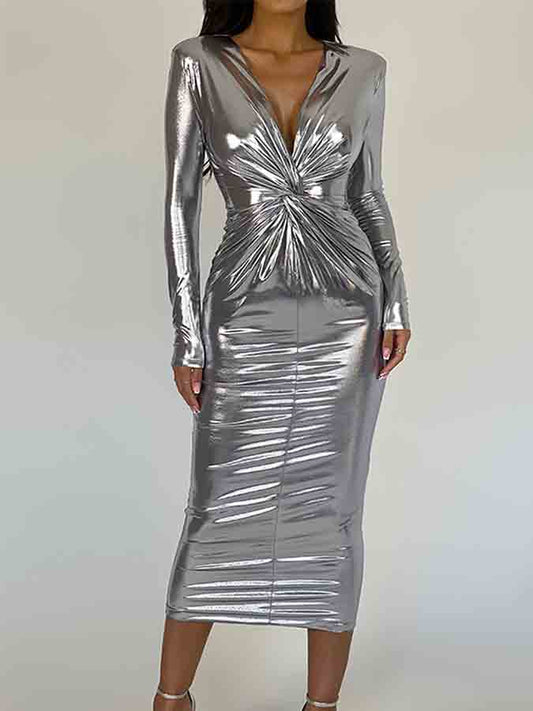Long Sleeves V Neck Slim Midi Dress