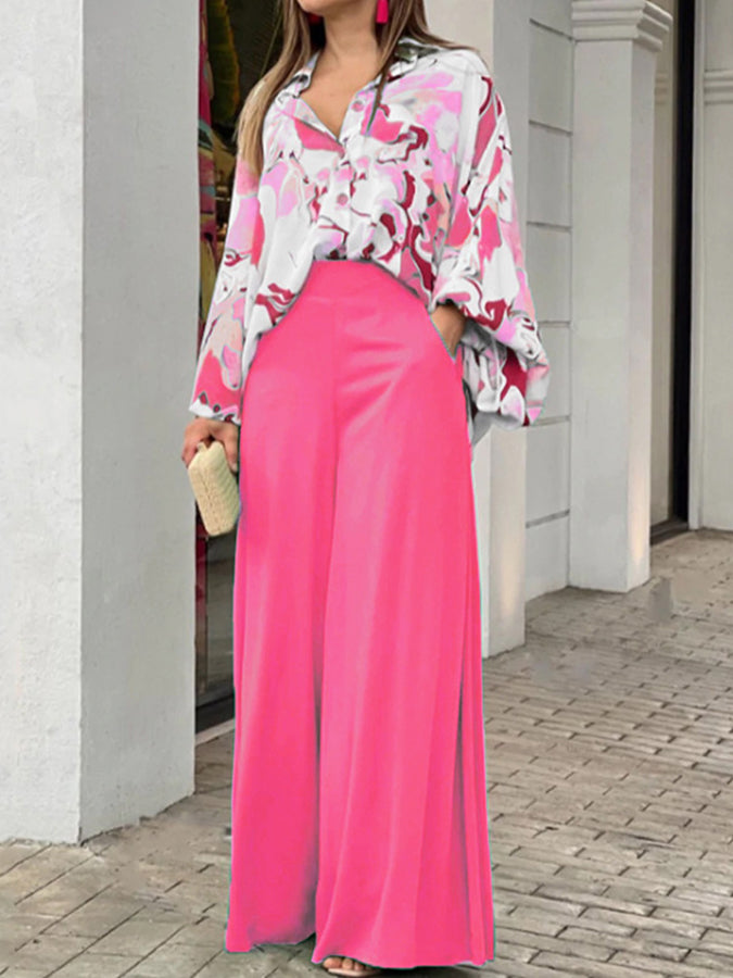 Long Sleeves Printed Shirt and Wide-leg Pants