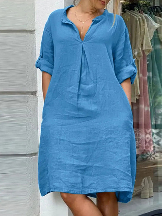 Long Sleeves V Neck Cotton-blend Midi Dress