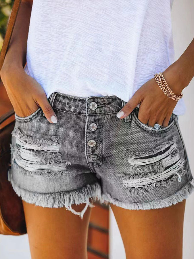 Ripped Pockets Buttoned Denim Shorts