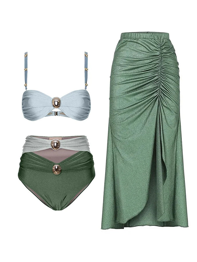 Sling Color Block Cutout High Waist Bikini Swimsuit and Skirt