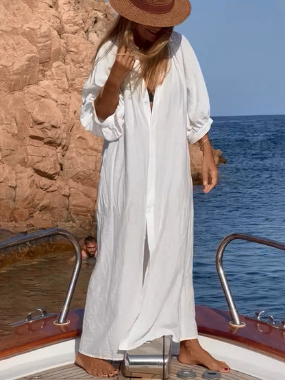 White Half Sleeves Loose Maxi Dress