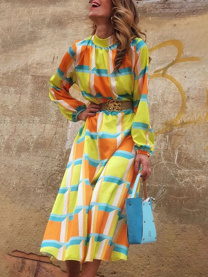 Long Sleeves Geometric Printed Maxi Dress