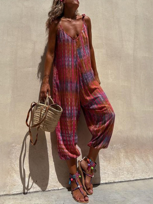 V Neck Printed Sleeveless Wide-leg Jumpsuits