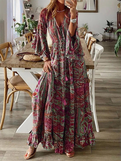 Printed V Neck Long Sleeves Maxi Dress