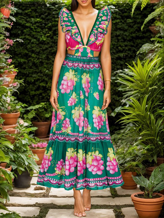Ruffled Deep V Cutout Retro Green Grapes Print One Piece Swimsuit and Skirt