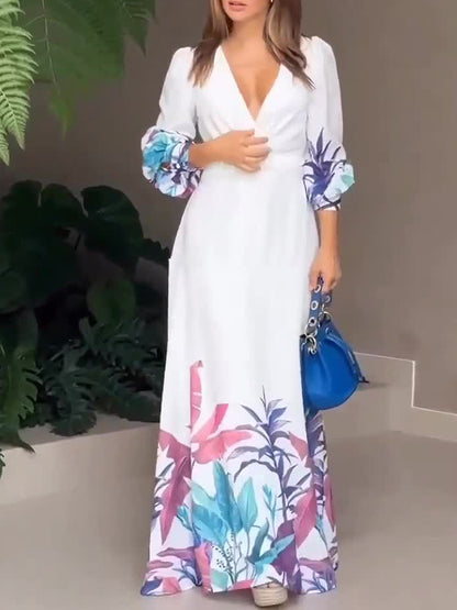 White Long Sleeves Printed V Neck Maxi Dress