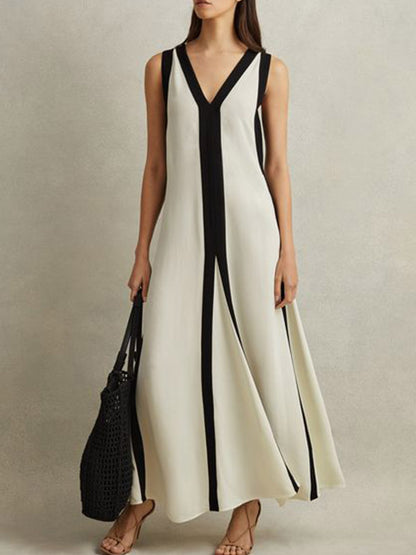 White-black Color-block V Neck Maxi Dress