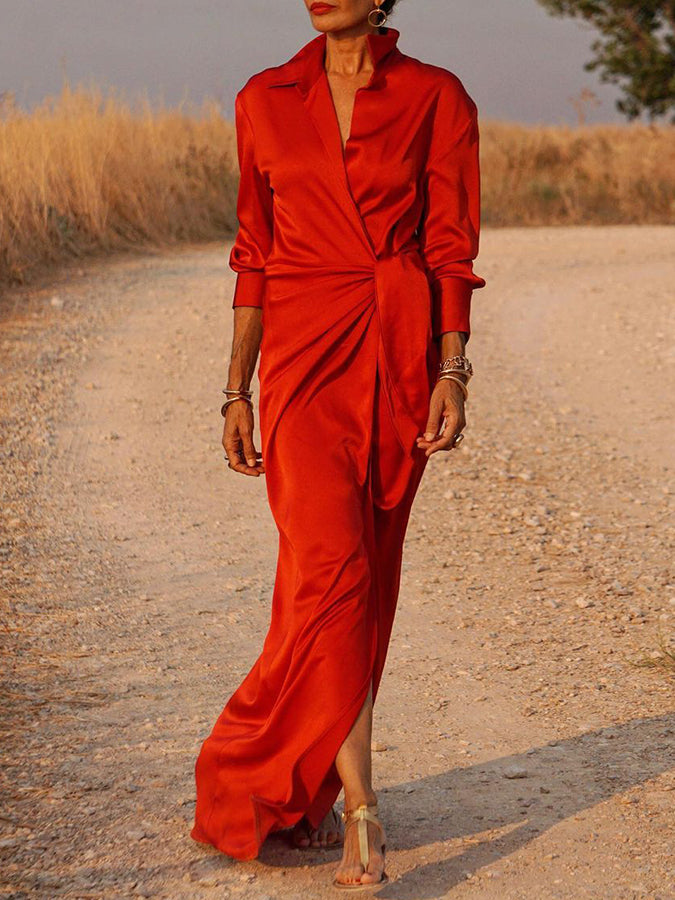 Long Sleeves Lace-up Slit Maxi Dress
