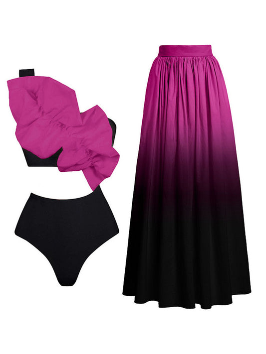 3d Flower One Shoulder Bikini Swimsuit and Skirt